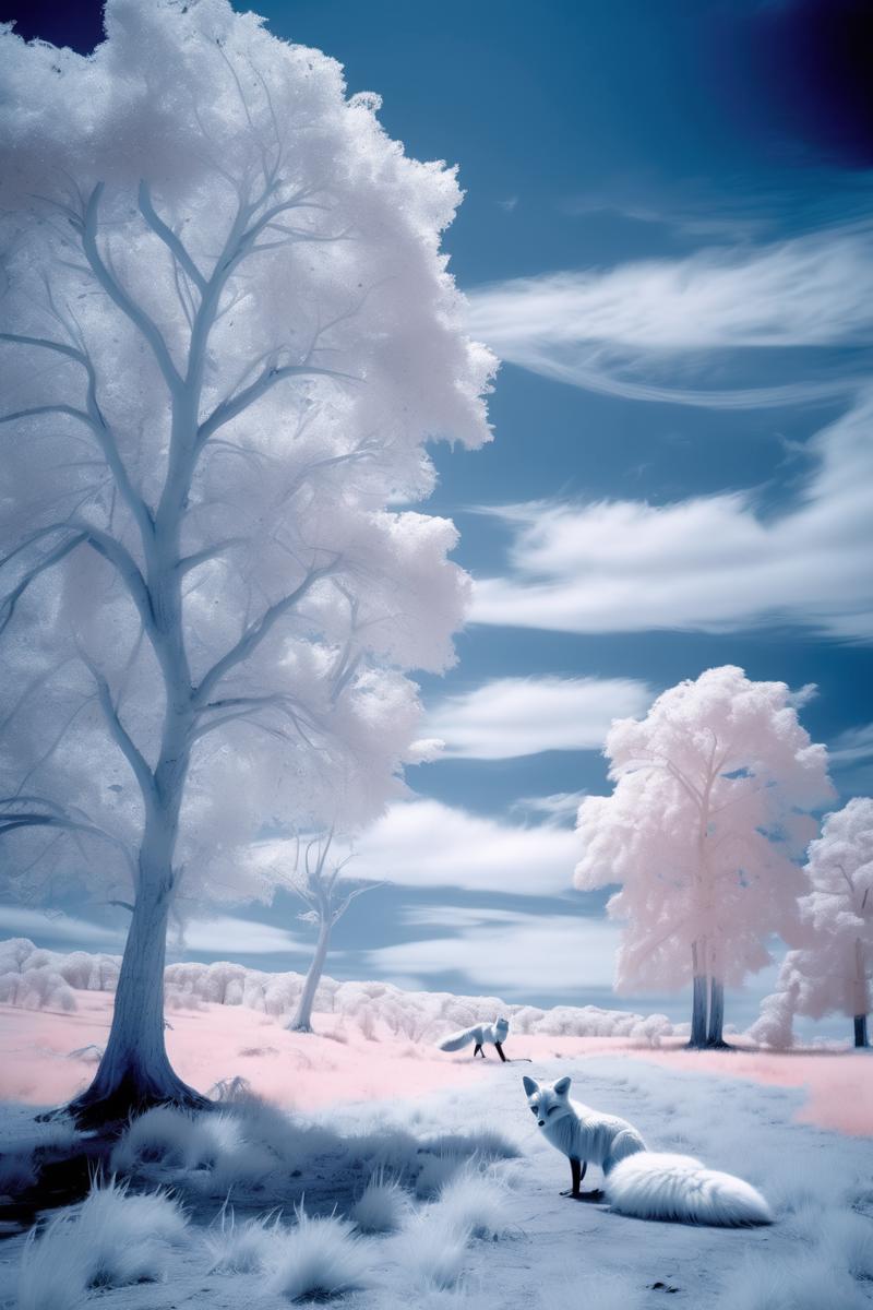 00138-306198511-_lora_Infrared Photos_1_Infrared Photos - blue infrared photography of some trees on the horizon, a fox moving in the foreground.png